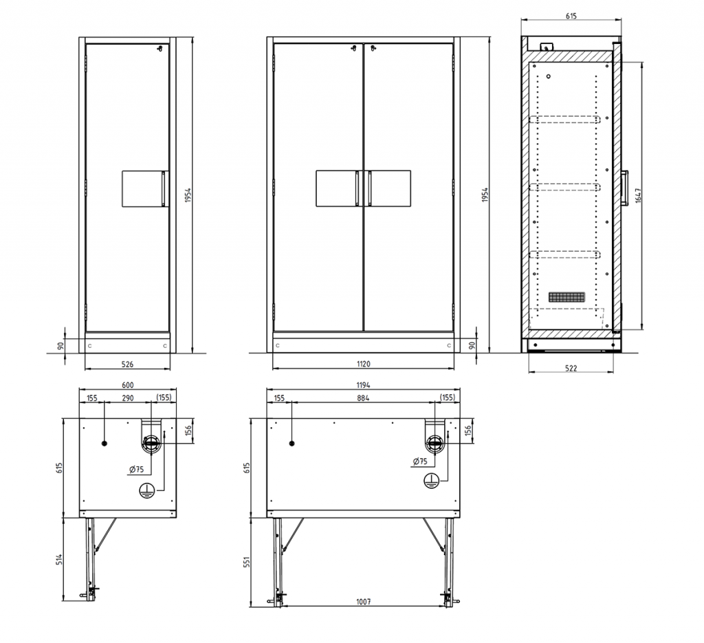 Размеры высоких пожаробезопасных шкафов для хранения, вытяжных, Köttermann, EXPLORIS
